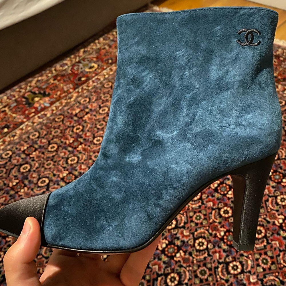 CHANEL Suede Calfskin Short Boot Heel Blue Black VINTAGE
